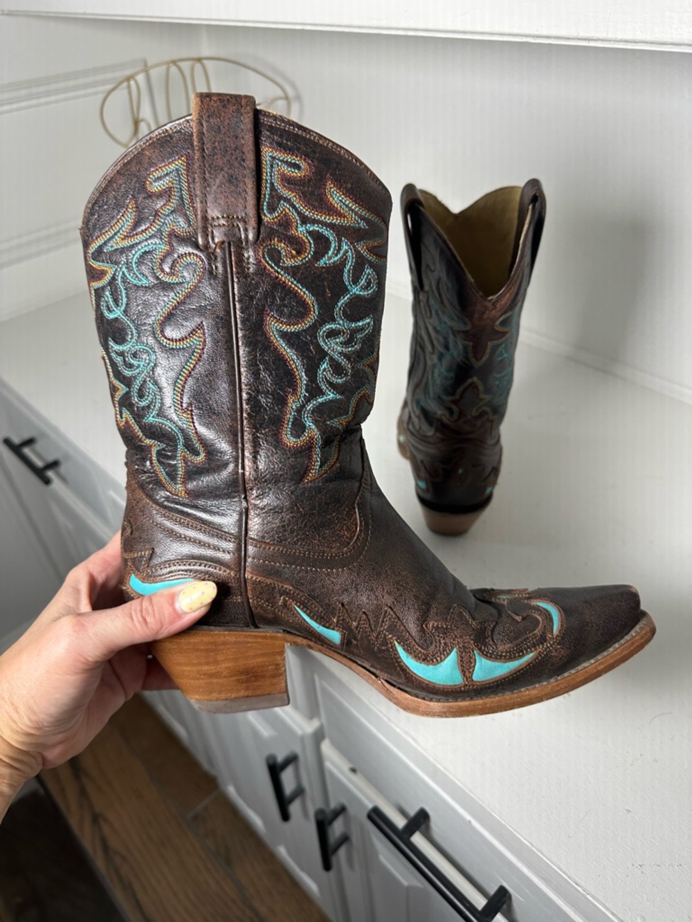 Corral Boots Womens 7M Brown Turquoise Inlay Western Cowboy Boots Embroidered - Picture 7 of 9